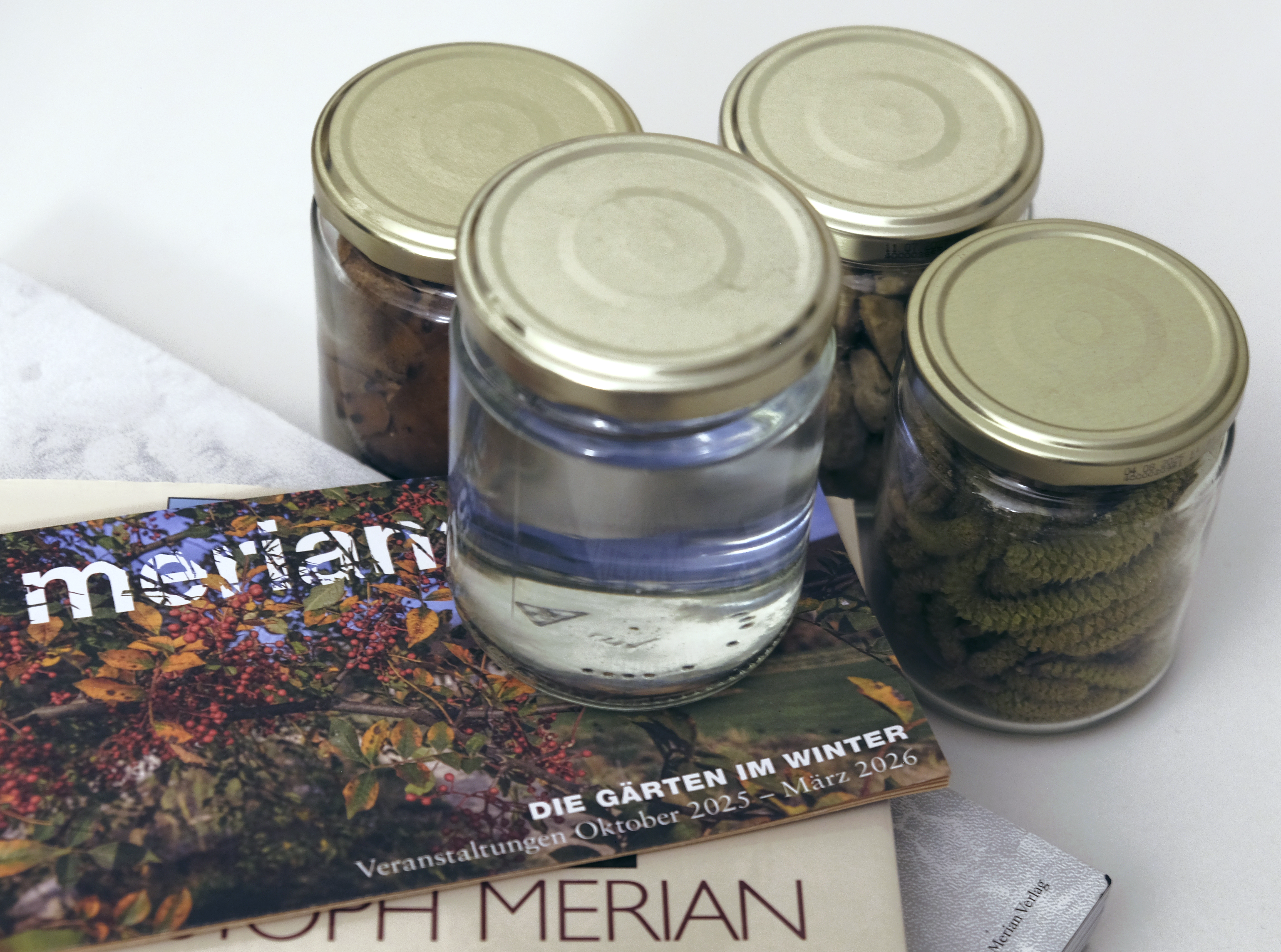 Assemblage von Gläsern gefüllt mit Steinen, Wasser, Haselpollen und Laub, sowie verschieden Druckprodukten mit dem Namen «Merian».